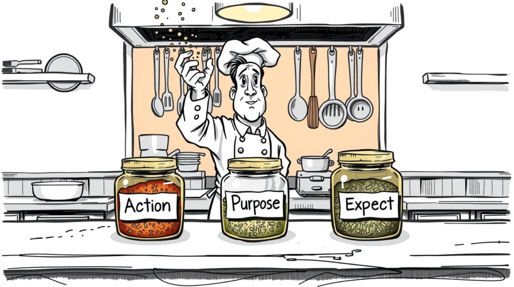 Ein Koch hat vor sich drei Gefäße, beschriftet mit Action, Purpose und Expect, die das APE-Framework veranschaulichen sollen. Bleistiftkarikatur
