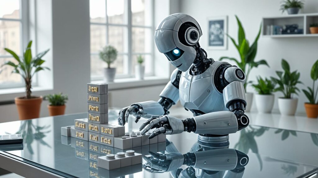 Ein humanoider Roboter in einem modernen Büro mit Glastisch steckt Lego-ähnliche Bausteine zusammen - ein Symbol für das Erzeugen von JSON-Code.