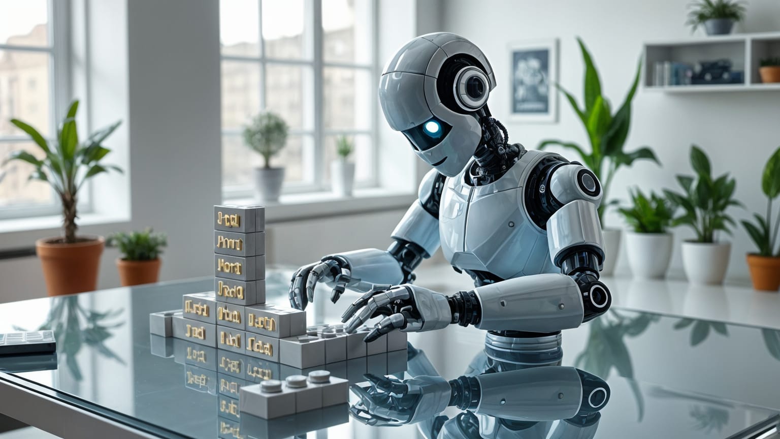 Ein humanoider Roboter in einem modernen Büro mit Glastisch steckt Lego-ähnliche Bausteine zusammen - ein Symbol für das Erzeugen von JSON-Code.