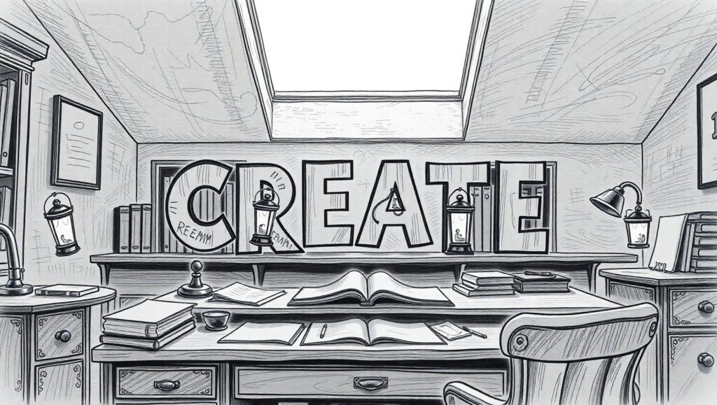 Das CREATE-Framework: Eine Bleistiftzeichnung, die einen Schreibtisch mit aufgeschlagenen Büchern zeigt, über denen die Buchstaben CREATE schweben.