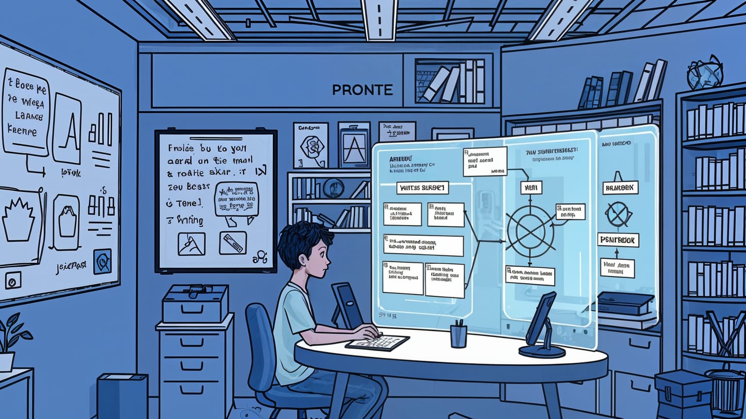Ein junger Mann sitzt vor einem übergroßen Display, auf dem ein Struktogramm zu sehen ist - die Symbole an den Wänden deuten an, dass er Prompt-Engineering nutzt, um mit einer KI zu arbeiten.