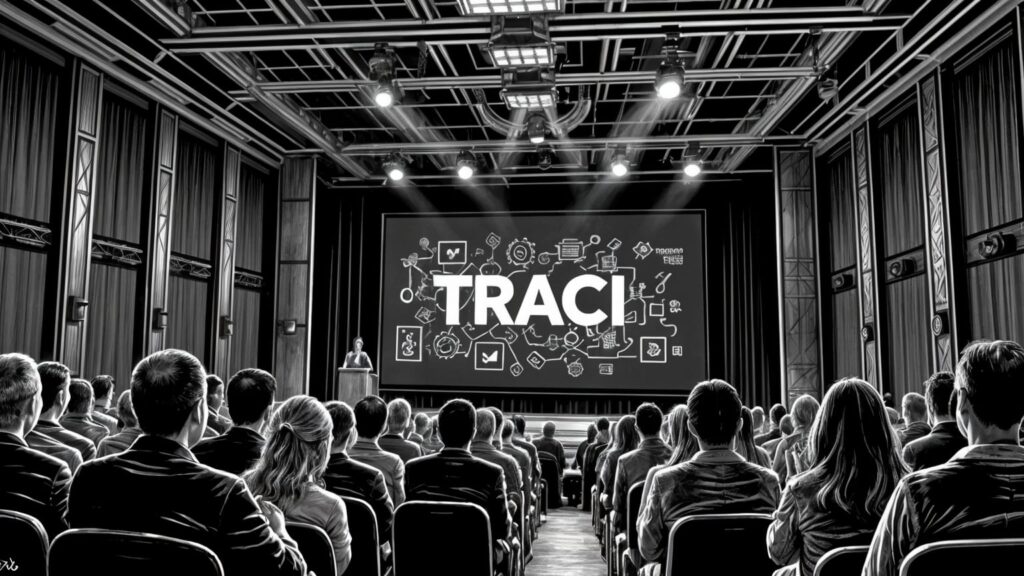Eine Tech-Konferenz, an der Wand in großen Buchstaben das Akronym TRACI - Bleistiftzeichnung