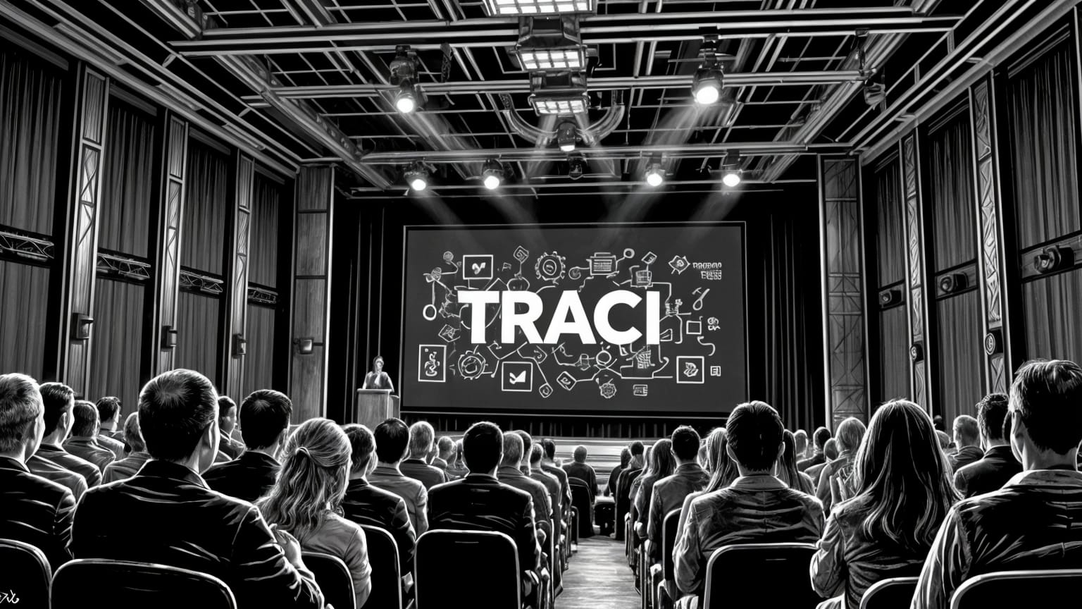 Eine Tech-Konferenz, an der Wand in großen Buchstaben das Akronym TRACI - Bleistiftzeichnung