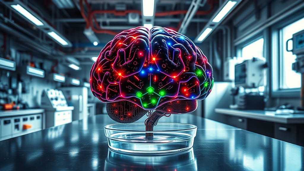 Ein künstliches Gehirn mit verschiedenfarbigen Arealen in einer High-Tech-Umgebung